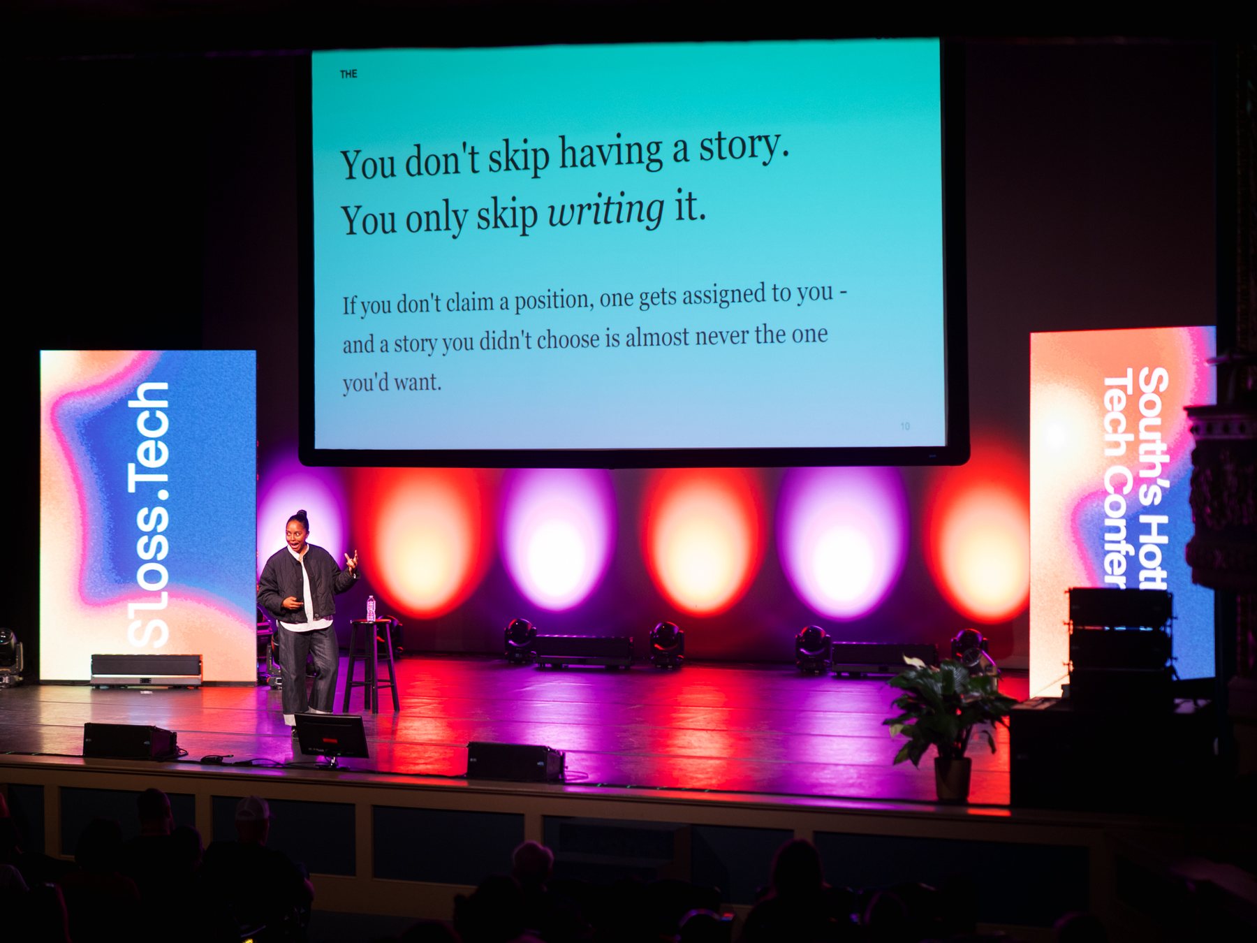 Amanda Sabreah speaking at Sloss Tech
